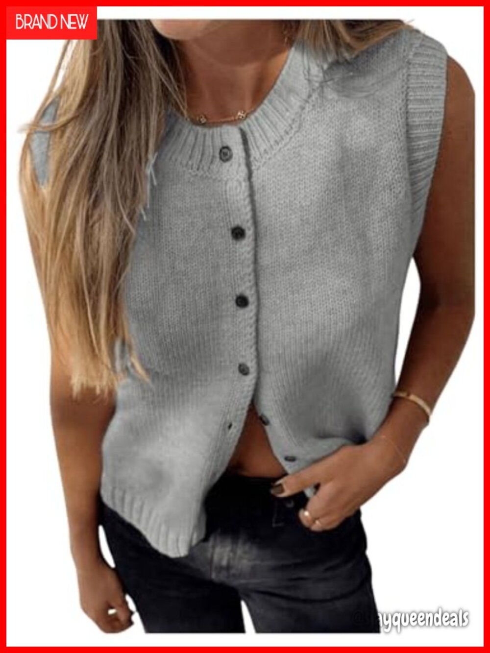 Button Up Sweater Vest Crewneck Sleeveless Knit Tank Top
